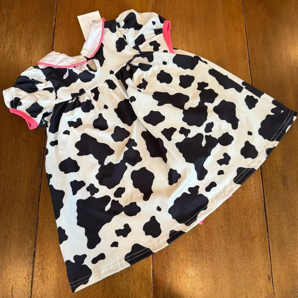 Kories Closet Cow Print Dress Spotted Embroidered Pink Ruffle Trim‎ Sz 12 18 Mos